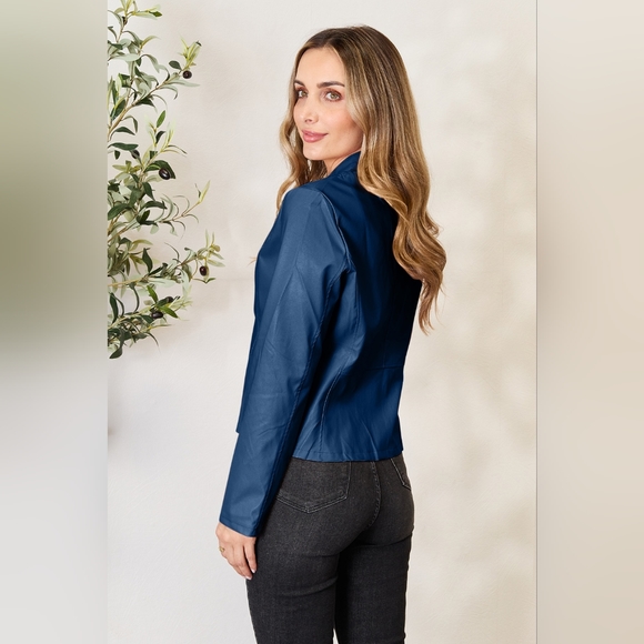 Chic Moto Vegan Leather Jacket Zip-up Sleek Snap Mock Neck Trendy Peacock Blue - Picture 4 of 11